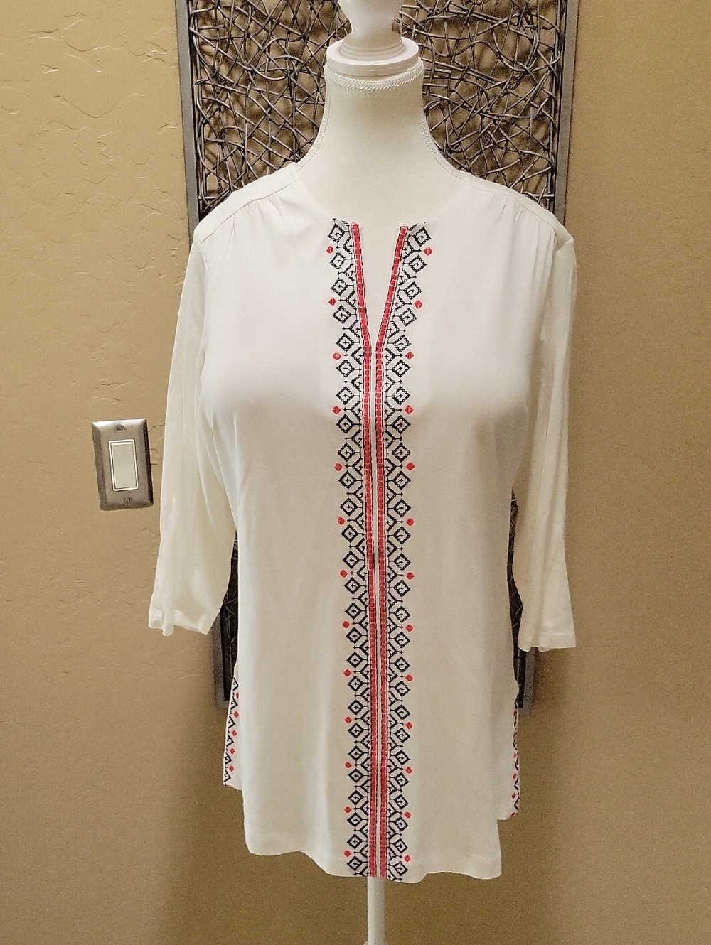 J. Jill White Knit Tunic with Black and Red Geometric Embroidery